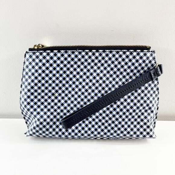 Talbots Leather Gingham Print Zip Top Pouch Wristlet Wallet Blue White - Picture 1 of 6
